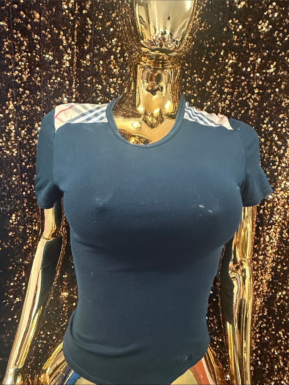 Burberry Navy Short Sleeve Tee with Classic Check Shoulder Panels